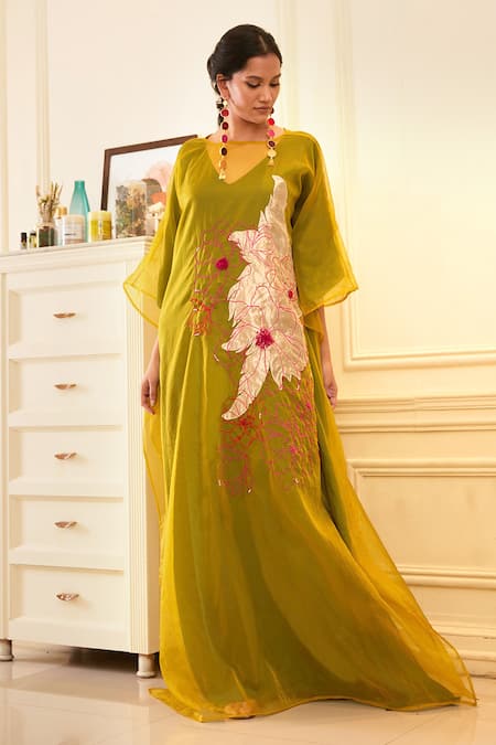 Buy_Chambray & Co._Green Silk Organza, Velvet Embroidery Round Neck Pasithea Applique Kaftan _Online_at_Aza_Fashions