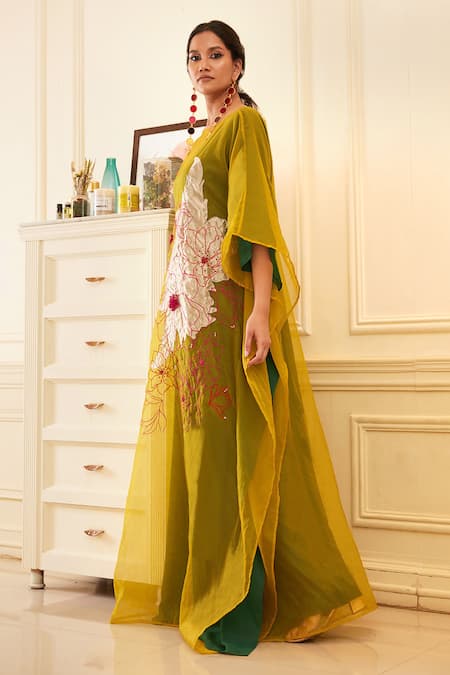 Shop_Chambray & Co._Green Silk Organza, Velvet Embroidery Round Neck Pasithea Applique Kaftan _Online_at_Aza_Fashions