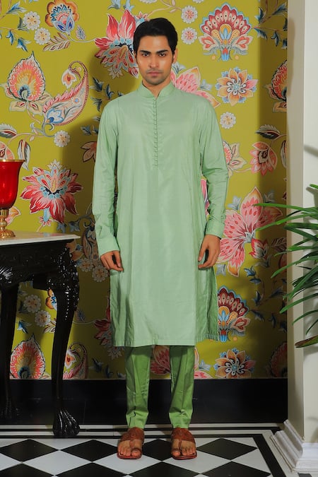 Shop Yajy By Aditya Jain Green Silk, Cotton Mandarin Collar Kurta Set at Aza Fashions Shop_Yajy By Aditya Jain_Green Silk, Cotton Mandarin Collar Kurta Set _at_Aza_Fashions