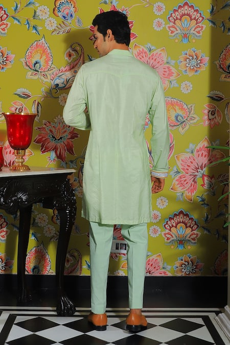 Shop Yajy By Aditya Jain Green Silk, Cotton Sequins, Embroidery Sleeve Kurta Set at Aza Fashions Shop_Yajy By Aditya Jain_Green Silk, Cotton Sequins, Embroidery Sleeve Kurta Set _at_Aza_Fashions
