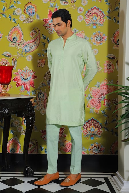 Yajy By Aditya Jain Green Silk, Cotton Sequins, Embroidery Sleeve Kurta Set Online at Aza Fashions Yajy By Aditya Jain_Green Silk, Cotton Sequins, Embroidery Sleeve Kurta Set _Online_at_Aza_Fashions