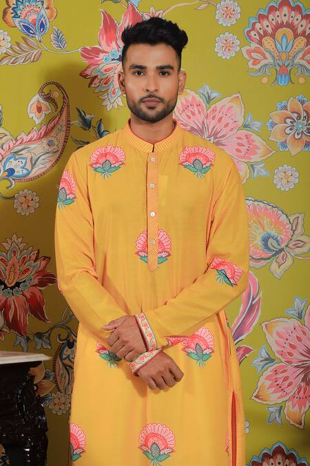 Yajy By Aditya Jain_Yellow Silk, Cotton Embroidery Flower Print Kurta Set _Online_at_Aza_Fashions