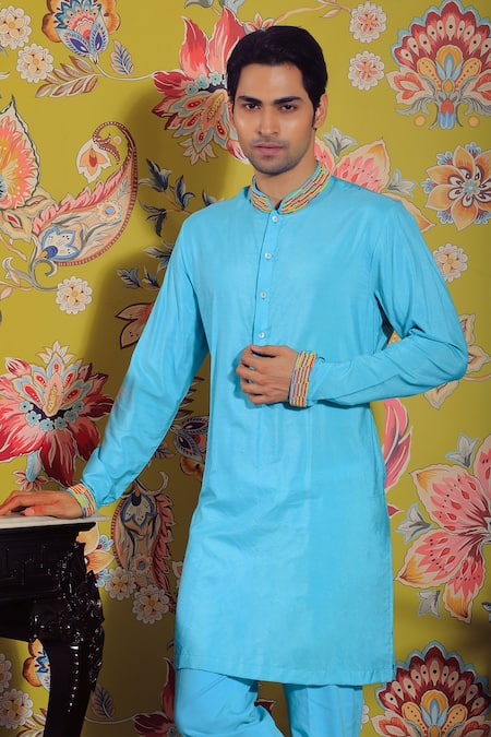 Yajy By Aditya Jain Blue Linen, Satin, Cotton Beads Neckline Embroidered Kurta Set Online at Aza Fashions Yajy By Aditya Jain_Blue Linen, Satin, Cotton Beads Neckline Embroidered Kurta Set _Online_at_Aza_Fashions
