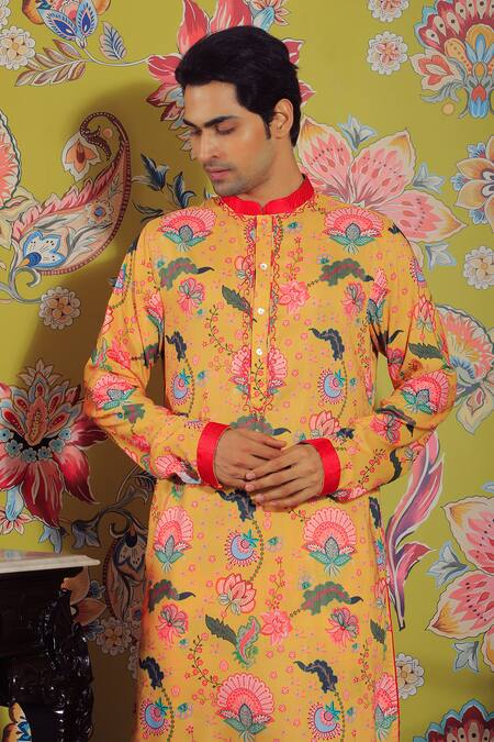 Yajy By Aditya Jain Yellow Silk Botanical Print Kurta Set Online at Aza Fashions Yajy By Aditya Jain_Yellow Silk Botanical Print Kurta Set _Online_at_Aza_Fashions