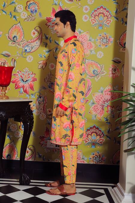 Buy Yajy By Aditya Jain Yellow Silk Botanical Print Kurta Set Online at Aza Fashions Buy_Yajy By Aditya Jain_Yellow Silk Botanical Print Kurta Set _Online_at_Aza_Fashions