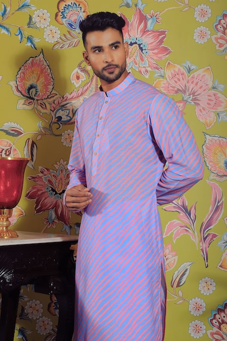 Yajy By Aditya Jain_Blue Silk, Cotton Stripe Print Kurta Set _Online_at_Aza_Fashions