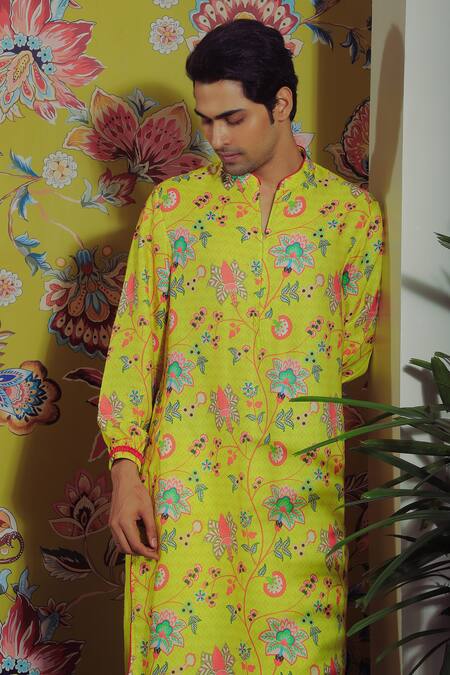 Yajy By Aditya Jain_Yellow Silk, Cotton Embroidery Bloom Print Kurta Set _Online_at_Aza_Fashions