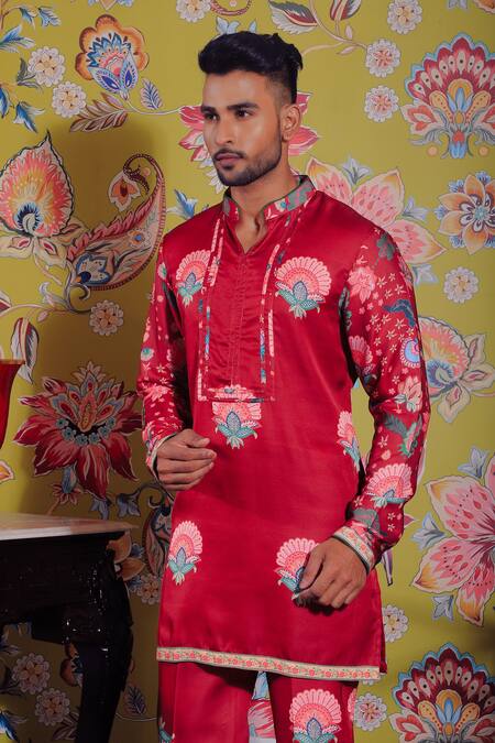 Yajy By Aditya Jain Red Silk Embroidery Flower Print Kurta Set Online at Aza Fashions Yajy By Aditya Jain_Red Silk Embroidery Flower Print Kurta Set _Online_at_Aza_Fashions
