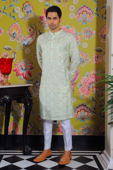 Yajy By Aditya Jain_Green Cotton Embroidery Floral Banarasi Woven Kurta Set _Online_at_Aza_Fashions