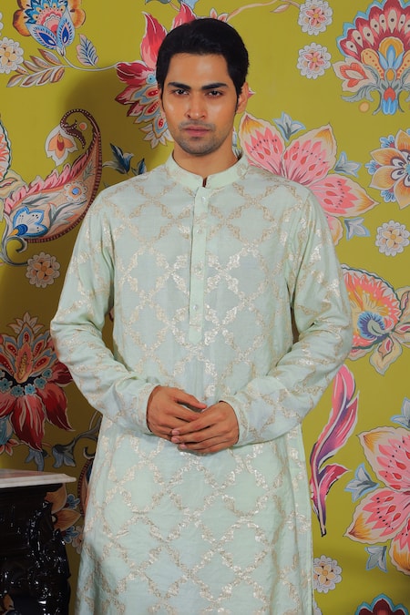 Buy_Yajy By Aditya Jain_Green Cotton Embroidery Floral Banarasi Woven Kurta Set _Online_at_Aza_Fashions