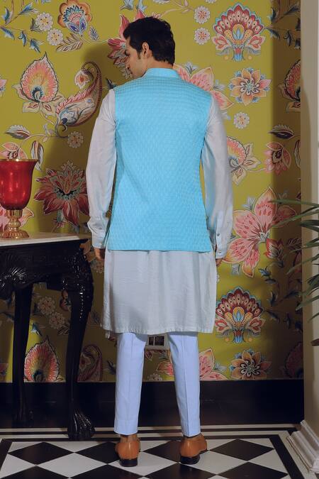 Shop Yajy By Aditya Jain Blue Silk, Linen, Cotton Embroidery Thread Bundi And Kurta Set at Aza Fashions Shop_Yajy By Aditya Jain_Blue Silk, Linen, Cotton Embroidery Thread Bundi And Kurta Set _at_Aza_Fashions