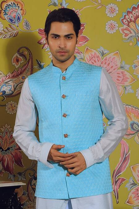 Yajy By Aditya Jain Blue Silk, Linen, Cotton Embroidery Thread Bundi And Kurta Set Online at Aza Fashions Yajy By Aditya Jain_Blue Silk, Linen, Cotton Embroidery Thread Bundi And Kurta Set _Online_at_Aza_Fashions