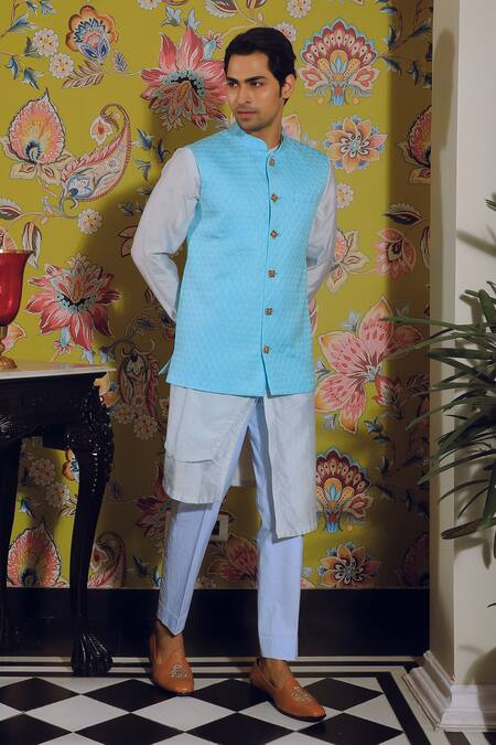 Buy Yajy By Aditya Jain Blue Silk, Linen, Cotton Embroidery Thread Bundi And Kurta Set Online at Aza Fashions Buy_Yajy By Aditya Jain_Blue Silk, Linen, Cotton Embroidery Thread Bundi And Kurta Set _Online_at_Aza_Fashions