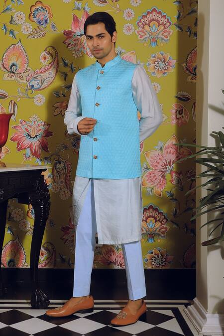 Shop Yajy By Aditya Jain Blue Silk, Linen, Cotton Embroidery Thread Bundi And Kurta Set Online at Aza Fashions Shop_Yajy By Aditya Jain_Blue Silk, Linen, Cotton Embroidery Thread Bundi And Kurta Set _Online_at_Aza_Fashions