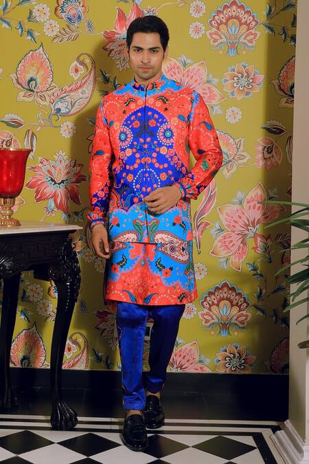 Yajy By Aditya Jain Blue Silk, Cotton Embroidery Floral Print Bundi And Kurta Set Online at Aza Fashions Yajy By Aditya Jain_Blue Silk, Cotton Embroidery Floral Print Bundi And Kurta Set _Online_at_Aza_Fashions