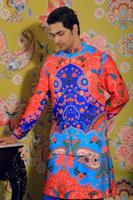 Buy Yajy By Aditya Jain Blue Silk, Cotton Embroidery Floral Print Bundi And Kurta Set Online at Aza Fashions Buy_Yajy By Aditya Jain_Blue Silk, Cotton Embroidery Floral Print Bundi And Kurta Set _Online_at_Aza_Fashions