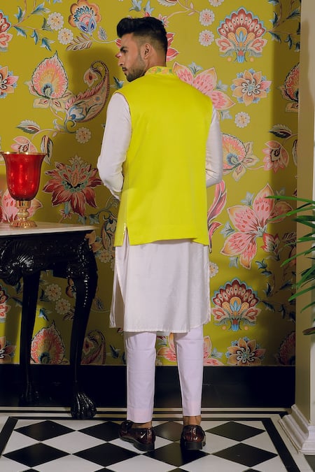 Shop Yajy By Aditya Jain Yellow Silk, Cotton Sequins, Beads, Embroidery Floral Bundi And Kurta Set at Aza Fashions Shop_Yajy By Aditya Jain_Yellow Silk, Cotton Sequins, Beads, Embroidery Floral Bundi And Kurta Set _at_Aza_Fashions