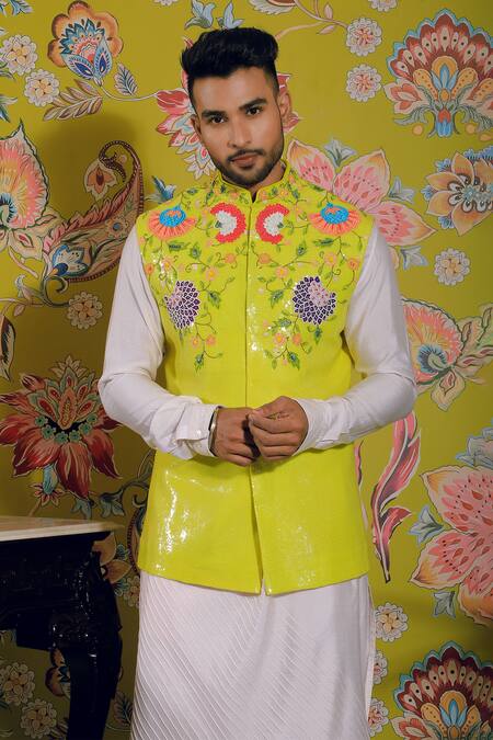 Yajy By Aditya Jain Yellow Silk, Cotton Sequins, Beads, Embroidery Floral Bundi And Kurta Set Online at Aza Fashions Yajy By Aditya Jain_Yellow Silk, Cotton Sequins, Beads, Embroidery Floral Bundi And Kurta Set _Online_at_Aza_Fashions