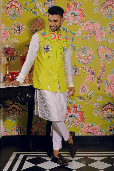 Buy Yajy By Aditya Jain Yellow Silk, Cotton Sequins, Beads, Embroidery Floral Bundi And Kurta Set Online at Aza Fashions Buy_Yajy By Aditya Jain_Yellow Silk, Cotton Sequins, Beads, Embroidery Floral Bundi And Kurta Set _Online_at_Aza_Fashions