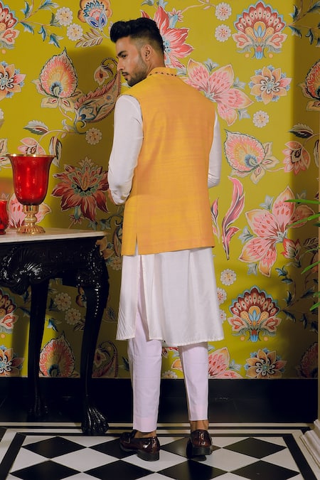 Shop Yajy By Aditya Jain Yellow Silk, Cotton Embroidery Bundi And Kurta Set at Aza Fashions Shop_Yajy By Aditya Jain_Yellow Silk, Cotton Embroidery Bundi And Kurta Set _at_Aza_Fashions