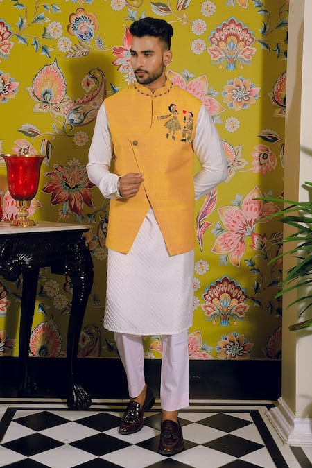 Yajy By Aditya Jain Yellow Silk, Cotton Embroidery Bundi And Kurta Set Online at Aza Fashions Yajy By Aditya Jain_Yellow Silk, Cotton Embroidery Bundi And Kurta Set _Online_at_Aza_Fashions