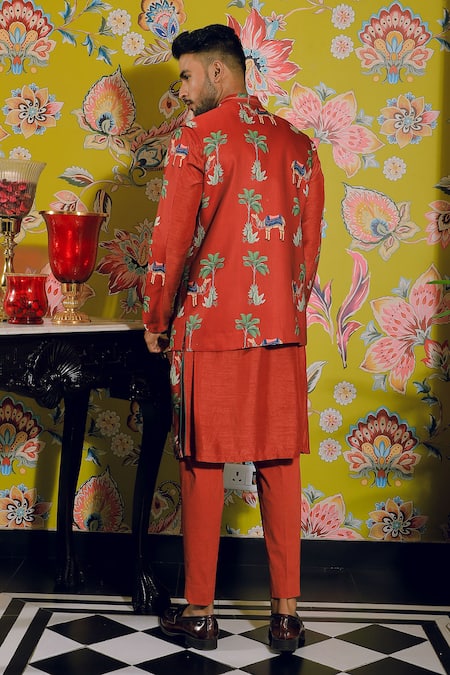 Shop Yajy By Aditya Jain Red Silk, Cotton Embroidery Oasis Print Bundi And Kurta Set at Aza Fashions Shop_Yajy By Aditya Jain_Red Silk, Cotton Embroidery Oasis Print Bundi And Kurta Set _at_Aza_Fashions