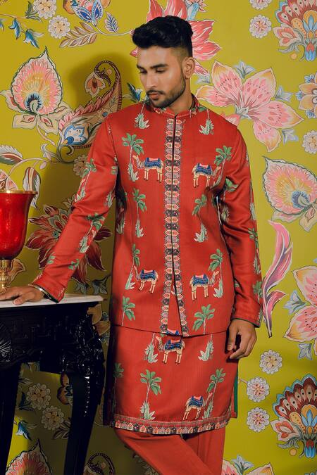 Yajy By Aditya Jain Red Silk, Cotton Embroidery Oasis Print Bundi And Kurta Set Online at Aza Fashions Yajy By Aditya Jain_Red Silk, Cotton Embroidery Oasis Print Bundi And Kurta Set _Online_at_Aza_Fashions
