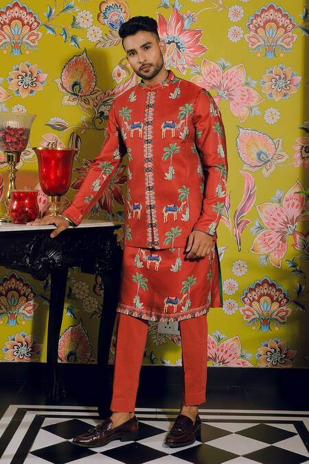 Buy Yajy By Aditya Jain Red Silk, Cotton Embroidery Oasis Print Bundi And Kurta Set Online at Aza Fashions Buy_Yajy By Aditya Jain_Red Silk, Cotton Embroidery Oasis Print Bundi And Kurta Set _Online_at_Aza_Fashions