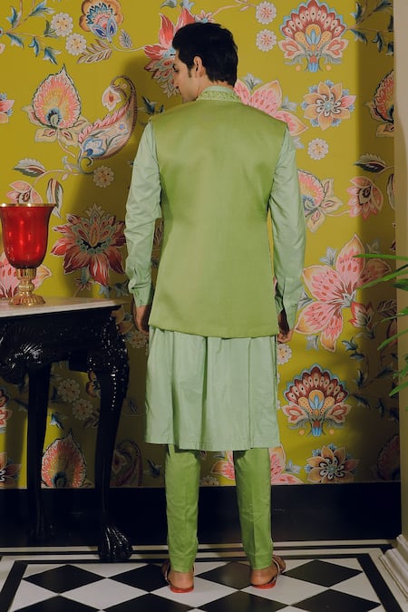 Shop Yajy By Aditya Jain Green Linen, Satin, Cotton Mirrors, Embroidery Geometric Work Bundi And Kurta Set at Aza Fashions Shop_Yajy By Aditya Jain_Green Linen, Satin, Cotton Mirrors, Embroidery Geometric Work Bundi And Kurta Set _at_Aza_Fashions