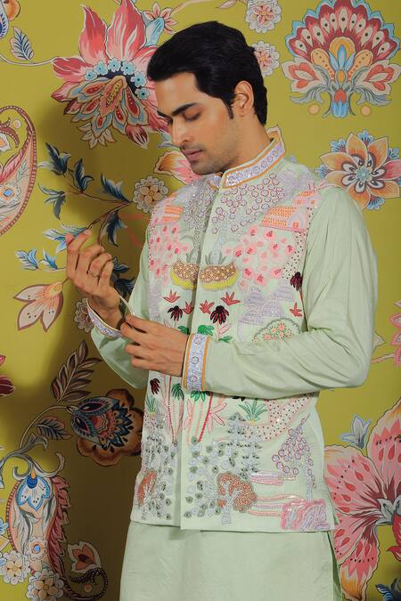 Yajy By Aditya Jain_Green Silk, Cotton Embroidery, Cut Work, Sequins, Floral Bundi And Kurta Set _Online_at_Aza_Fashions