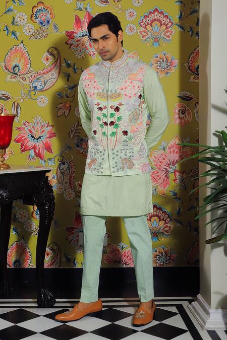 Buy_Yajy By Aditya Jain_Green Silk, Cotton Embroidery, Cut Work, Sequins, Floral Bundi And Kurta Set _Online_at_Aza_Fashions