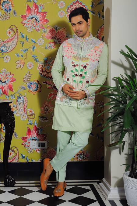 Shop_Yajy By Aditya Jain_Green Silk, Cotton Embroidery, Cut Work, Sequins, Floral Bundi And Kurta Set _Online_at_Aza_Fashions