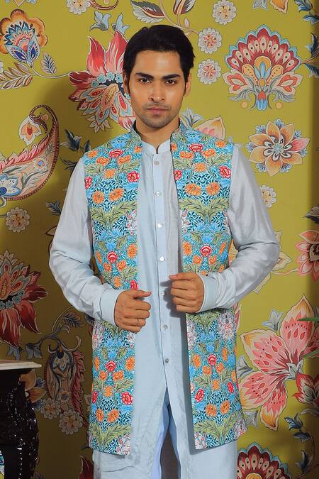 Yajy By Aditya Jain_Blue Linen, Silk, Cotton Embroidery Floral Printed Kurta And Bundi Set _Online_at_Aza_Fashions