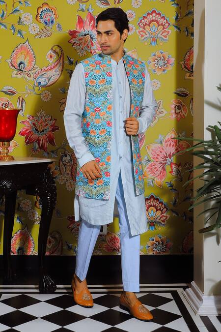 Shop_Yajy By Aditya Jain_Blue Linen, Silk, Cotton Embroidery Floral Printed Kurta And Bundi Set _Online_at_Aza_Fashions