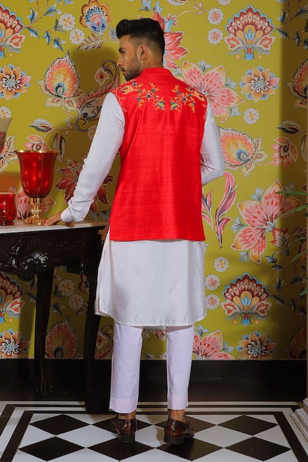 Shop Yajy By Aditya Jain Orange Linen, Satin, Cotton Sequins, Beads, Embroidery Bundi And Kurta Set at Aza Fashions Shop_Yajy By Aditya Jain_Orange Linen, Satin, Cotton Sequins, Beads, Embroidery Bundi And Kurta Set _at_Aza_Fashions