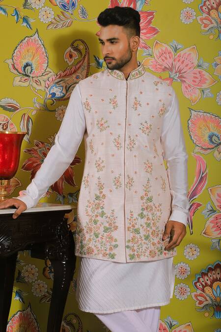 Yajy By Aditya Jain Pink Silk, Cotton Beads, Sequins, Embroidery Floral Kurta And Bundi Set Online at Aza Fashions Yajy By Aditya Jain_Pink Silk, Cotton Beads, Sequins, Embroidery Floral Kurta And Bundi Set _Online_at_Aza_Fashions