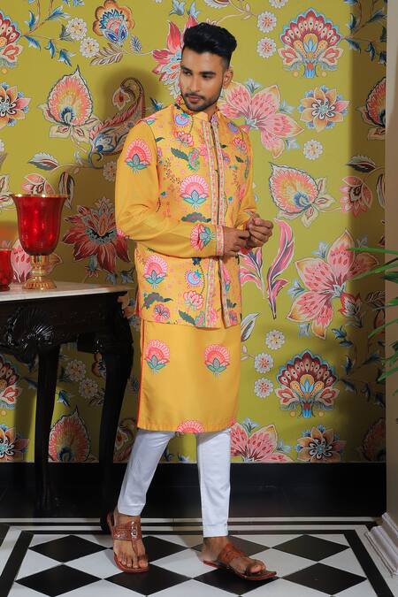 Buy Yajy By Aditya Jain Yellow Silk, Cotton Embroidery Botanical Print Bundi And Kurta Set Online at Aza Fashions Buy_Yajy By Aditya Jain_Yellow Silk, Cotton Embroidery Botanical Print Bundi And Kurta Set _Online_at_Aza_Fashions