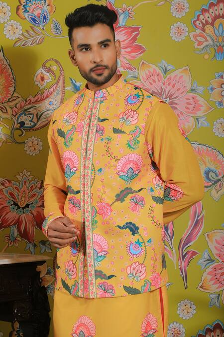 Shop Yajy By Aditya Jain Yellow Silk, Cotton Embroidery Botanical Print Bundi And Kurta Set Online at Aza Fashions Shop_Yajy By Aditya Jain_Yellow Silk, Cotton Embroidery Botanical Print Bundi And Kurta Set _Online_at_Aza_Fashions
