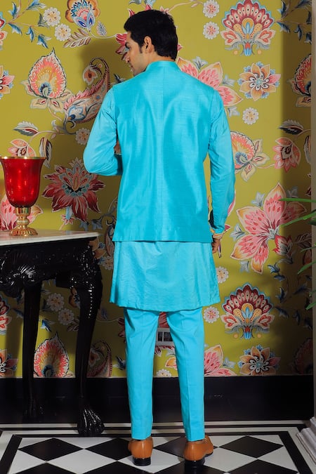 Shop Yajy By Aditya Jain Blue Linen, Cotton Sequins, Beads, Embroidery Floral Bundi And Kurta Set at Aza Fashions Shop_Yajy By Aditya Jain_Blue Linen, Cotton Sequins, Beads, Embroidery Floral Bundi And Kurta Set _at_Aza_Fashions