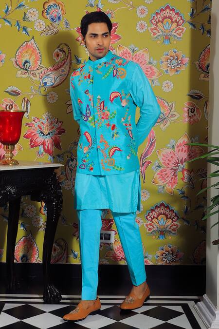 Buy Yajy By Aditya Jain Blue Linen, Cotton Sequins, Beads, Embroidery Floral Bundi And Kurta Set Online at Aza Fashions Buy_Yajy By Aditya Jain_Blue Linen, Cotton Sequins, Beads, Embroidery Floral Bundi And Kurta Set _Online_at_Aza_Fashions