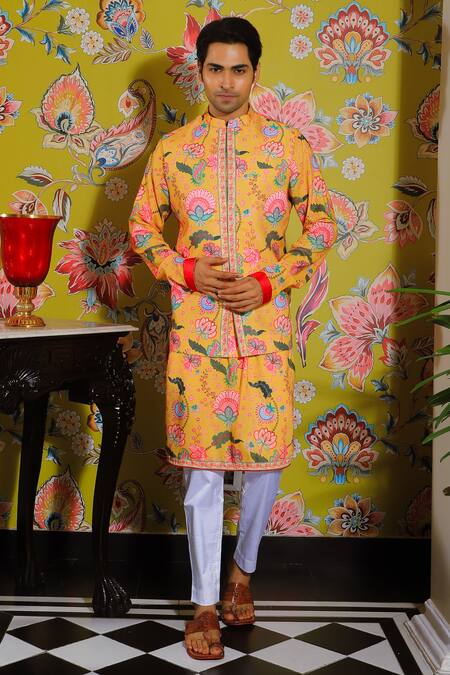 Yajy By Aditya Jain_Yellow Silk, Cotton Embroidery Garden Print Kurta Set With Bundi _Online_at_Aza_Fashions