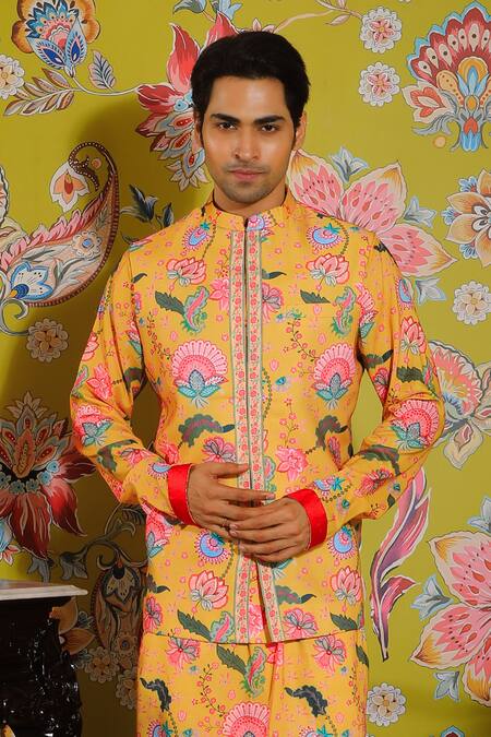 Buy_Yajy By Aditya Jain_Yellow Silk, Cotton Embroidery Garden Print Kurta Set With Bundi _Online_at_Aza_Fashions