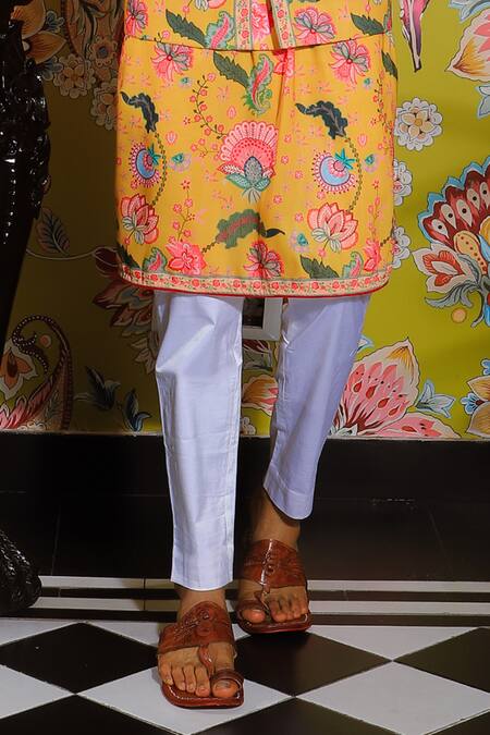 Shop_Yajy By Aditya Jain_Yellow Silk, Cotton Embroidery Garden Print Kurta Set With Bundi _Online_at_Aza_Fashions