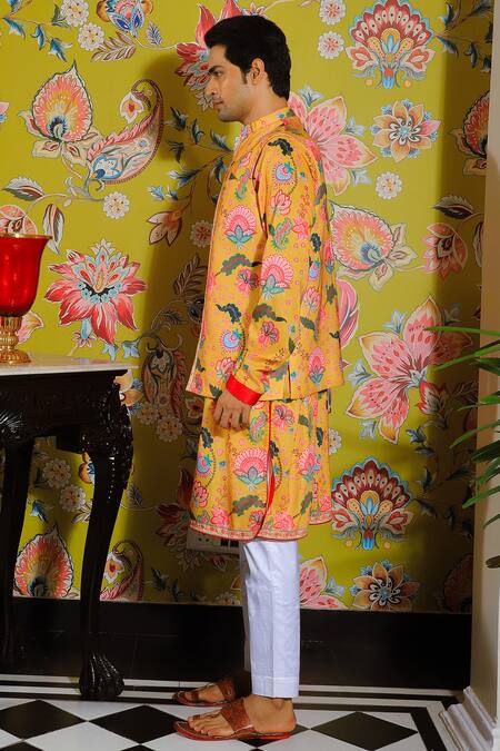 Yajy By Aditya Jain_Yellow Silk, Cotton Embroidery Garden Print Kurta Set With Bundi _at_Aza_Fashions
