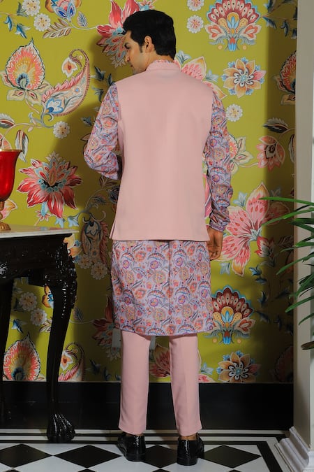 Shop Yajy By Aditya Jain Pink Silk, Cotton Quilted Bundi And Floral Print Kurta Set at Aza Fashions Shop_Yajy By Aditya Jain_Pink Silk, Cotton Quilted Bundi And Floral Print Kurta Set _at_Aza_Fashions