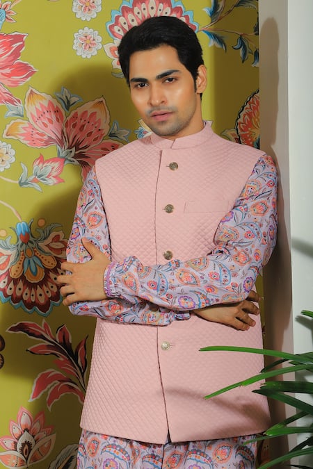Shop Yajy By Aditya Jain Pink Silk, Cotton Quilted Bundi And Floral Print Kurta Set Online at Aza Fashions Shop_Yajy By Aditya Jain_Pink Silk, Cotton Quilted Bundi And Floral Print Kurta Set _Online_at_Aza_Fashions