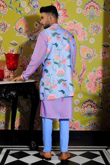 Shop Yajy By Aditya Jain Blue Silk, Cotton Embroidery Floral Printed Bundi And Kurta Set at Aza Fashions Shop_Yajy By Aditya Jain_Blue Silk, Cotton Embroidery Floral Printed Bundi And Kurta Set _at_Aza_Fashions