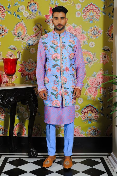 Yajy By Aditya Jain Blue Silk, Cotton Embroidery Floral Printed Bundi And Kurta Set Online at Aza Fashions Yajy By Aditya Jain_Blue Silk, Cotton Embroidery Floral Printed Bundi And Kurta Set _Online_at_Aza_Fashions
