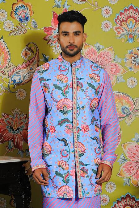 Shop Yajy By Aditya Jain Blue Silk, Cotton Embroidery Floral Printed Bundi And Kurta Set Online at Aza Fashions Shop_Yajy By Aditya Jain_Blue Silk, Cotton Embroidery Floral Printed Bundi And Kurta Set _Online_at_Aza_Fashions