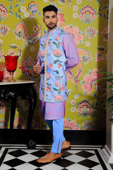 Yajy By Aditya Jain Blue Silk, Cotton Embroidery Floral Printed Bundi And Kurta Set at Aza Fashions Yajy By Aditya Jain_Blue Silk, Cotton Embroidery Floral Printed Bundi And Kurta Set _at_Aza_Fashions